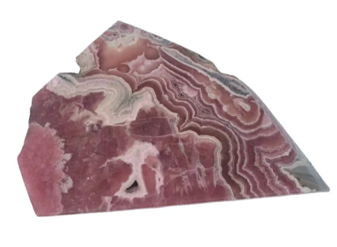 Natural Rhodochrosite Mineral Slice with pink and white banding, symbolizing heart healing and tender love