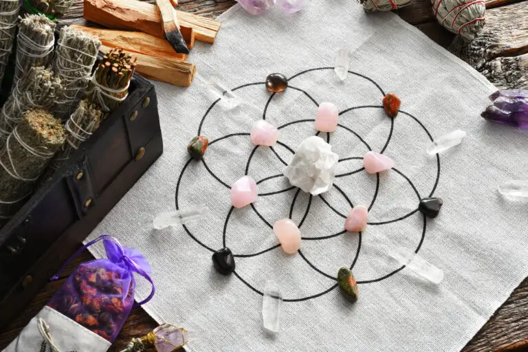 Healing crystal grid using sacred geometry and clear quartz points for energy alignment