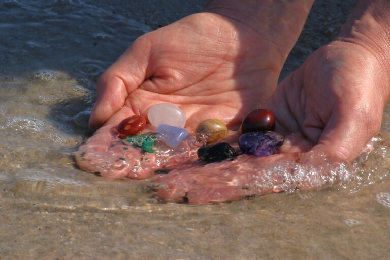 Cleansing crystals in natural running water to release stagnant energy