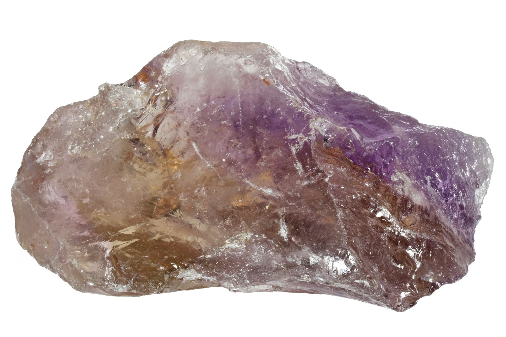 Rough ametrine crystal from the Anahí Mine in Bolivia showing purple and golden color zoning