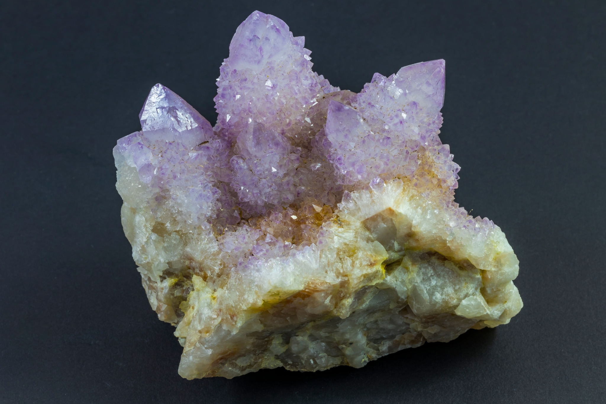 Spirit Quartz, also called Cactus Quartz, with tiny secondary crystals growing over larger quartz points.
